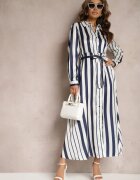 unigirl Rochie Cămașă Alb-Bleumarin Decorată Cu Model în Dungi Legată în Talie Orintta