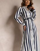 unigirl Rochie Cămașă Alb-Bleumarin Decorată Cu Model în Dungi Legată în Talie Orintta