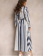 unigirl Rochie Cămașă Alb-Bleumarin Decorată Cu Model în Dungi Legată în Talie Orintta