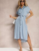 unigirl Rochie cămașă albastră cu șliț cu nasturi legată cu cordon din material Nestarina