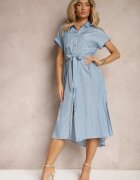 unigirl Rochie cămașă albastră cu șliț cu nasturi legată cu cordon din material Nestarina