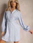 unigirl Rochie Cămașă Albastru-Alb Cambrată cu Dungi Decorative Lasenella