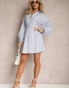 unigirl Rochie Cămașă Albastru-Alb Cambrată cu Dungi Decorative Lasenella