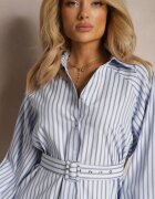 unigirl Rochie Cămașă Albastru-Alb Cambrată cu Dungi Decorative Lasenella