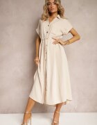 unigirl Rochie Cămașă Bej cu Cordon din Material Cu nasturi Quintia