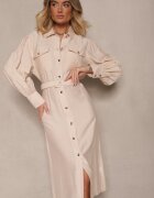unigirl Rochie cămașă bej din viscoză cu curea cu cataramă și buzunare Lisandrila