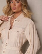 unigirl Rochie cămașă bej din viscoză cu curea cu cataramă și buzunare Lisandrila