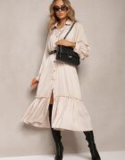 unigirl Rochie cămașă bej midi cu cordon și volan decorativ Mulimani