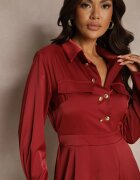 unigirl Rochie Cămașă Bordó cu croi evazat cu elastic în talie și imitație de buzunare Etaviela