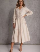 unigirl Rochie cămașă evazată bej din bumbac și viscoză decorată cu revere Gleta