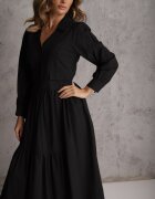 unigirl Rochie Cămașă Evazată Neagră din Bumbac și Viscoză Decorată cu Reveruri Gleta