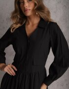 unigirl Rochie Cămașă Evazată Neagră din Bumbac și Viscoză Decorată cu Reveruri Gleta