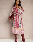 unigirl Rochie Cămașă Fucsia-Bej Legată în Talie Decorată cu Model Abstract Nilima