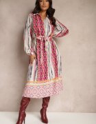 unigirl Rochie Cămașă Fucsia-Bej Legată în Talie Decorată cu Model Abstract Nilima