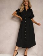 unigirl Rochie Cămașă Neagră cu Cordon din Material Încheiată cu nasturi Quintia