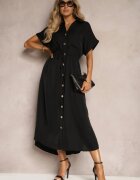 unigirl Rochie Cămașă Neagră cu Cordon din Material Încheiată cu nasturi Quintia