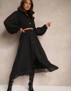 unigirl Rochie cămașă Neagră cu Pliuri și Centură Suplimentară Miarosea