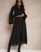 unigirl Rochie cămașă Neagră cu Pliuri și Centură Suplimentară Miarosea