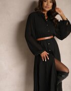 unigirl Rochie cămașă Neagră cu Pliuri și Centură Suplimentară Miarosea