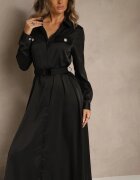 unigirl Rochie cămașă neagră din satin cu imitații de buzunare și curea Vaminay