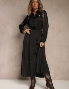 unigirl Rochie cămașă neagră din satin cu imitații de buzunare și curea Vaminay