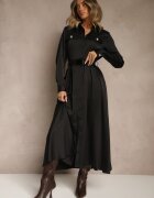 unigirl Rochie cămașă neagră din satin cu imitații de buzunare și curea Vaminay
