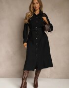 unigirl Rochie cămașă Neagră din Viscoză cu Cordon cu Cataramă și Buzunare Lisandrila