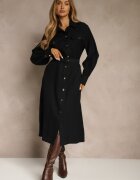 unigirl Rochie cămașă Neagră din Viscoză cu Cordon cu Cataramă și Buzunare Lisandrila