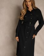 unigirl Rochie cămașă Neagră din Viscoză cu Cordon cu Cataramă și Buzunare Lisandrila