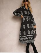 unigirl Rochie Cămașă Neagră Legată în Talie în Stil Boho Rorisha
