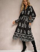 unigirl Rochie Cămașă Neagră Legată în Talie în Stil Boho Rorisha