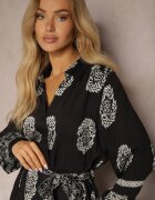 unigirl Rochie Cămașă Neagră Legată în Talie în Stil Boho Rorisha
