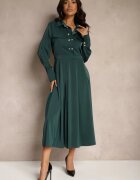 unigirl Rochie Cămașă Verde cu croi evazat cu elastic în talie și imitație de buzunare Etaviela