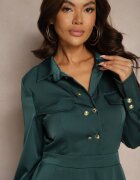 unigirl Rochie Cămașă Verde cu croi evazat cu elastic în talie și imitație de buzunare Etaviela