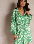 unigirl Rochie cămașă Verde cu Inserții Plisate și Curea din Material Lizza