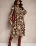 unigirl Rochie Camisieră Maro cu Vâscoză cu Cordon Legat cu Imprimeu Leopard Raidra