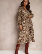 unigirl Rochie Camisieră Maro cu Vâscoză cu Cordon Legat cu Imprimeu Leopard Raidra