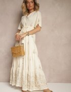 unigirl Rochie cloș bej Boho din viscoză decorată cu broderie și șnur Falvania