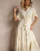 unigirl Rochie cloș bej Boho din viscoză decorată cu broderie și șnur Falvania