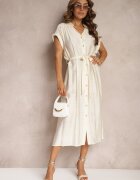 unigirl Rochie Cloș Bej cu croială tip cămașă decorată cu centură în talie și nasturi Rosofia