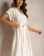 unigirl Rochie Cloș Bej cu croială tip cămașă decorată cu centură în talie și nasturi Rosofia