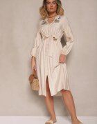 unigirl Rochie Clos Bej din Viscoză Decorată cu Broderie și Cordon Legat Elvania