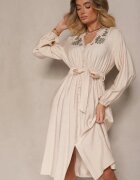 unigirl Rochie Clos Bej din Viscoză Decorată cu Broderie și Cordon Legat Elvania