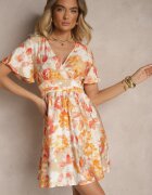 unigirl Rochie Cloș Portocalie din Viscoză cu Imprimeu Floral și Decolteu Petrecut Zeledia