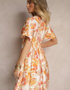 unigirl Rochie Cloș Portocalie din Viscoză cu Imprimeu Floral și Decolteu Petrecut Zeledia