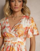 unigirl Rochie Cloș Portocalie din Viscoză cu Imprimeu Floral și Decolteu Petrecut Zeledia