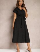 unigirl Rochie Cloș Tip Cămașă Neagră din Bumbac cu Decor Ajurat și Cureaua Ilosofia