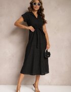 unigirl Rochie Cloș Tip Cămașă Neagră din Bumbac cu Decor Ajurat și Cureaua Ilosofia