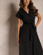 unigirl Rochie Cloș Tip Cămașă Neagră din Bumbac cu Decor Ajurat și Cureaua Ilosofia