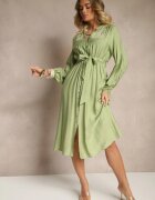 unigirl Rochie Cloș Verde din Viscoză Decorată cu Broderie și cu Centură cu Legare Elvania